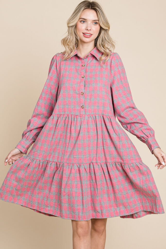 Women's Tiered Gingham Shirt Dress Outfit of the Day Wholesale
