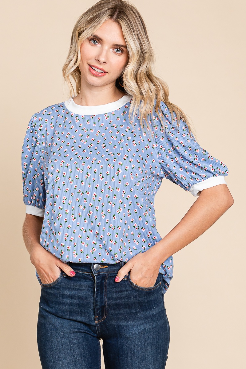 Women's Floral Print Puff Short Sleeve Ribbed Knit Top - Outfit of the ...