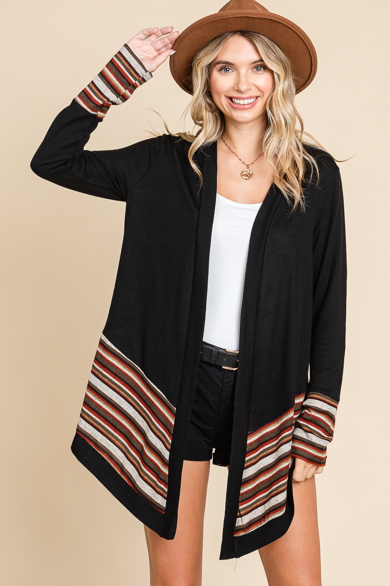 Women's Contrast Multi Stripe Detail Long Sleeve Knit Cardigan - Outfit ...